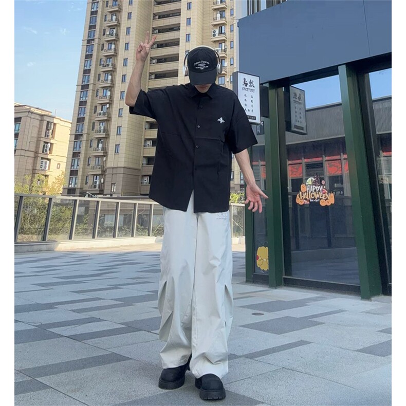 抖音得物高品质夏季冰丝休闲衬衫美式垂感宽松衬衫短袖ADT2101,男装T恤,电商A443