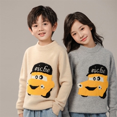 新款儿童羊绒衫保暖圆领可爱小汽车图案秋冬必备舒适柔软，童装儿童羊绒衫，暖钟情羊绒