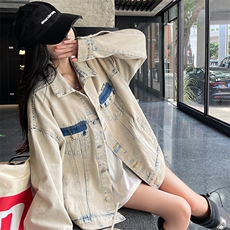 潮牌水洗米杏色牛仔外套女宽松翻领情侣夹克休闲春秋款NZ027-85，男装工装外套，星座911-3