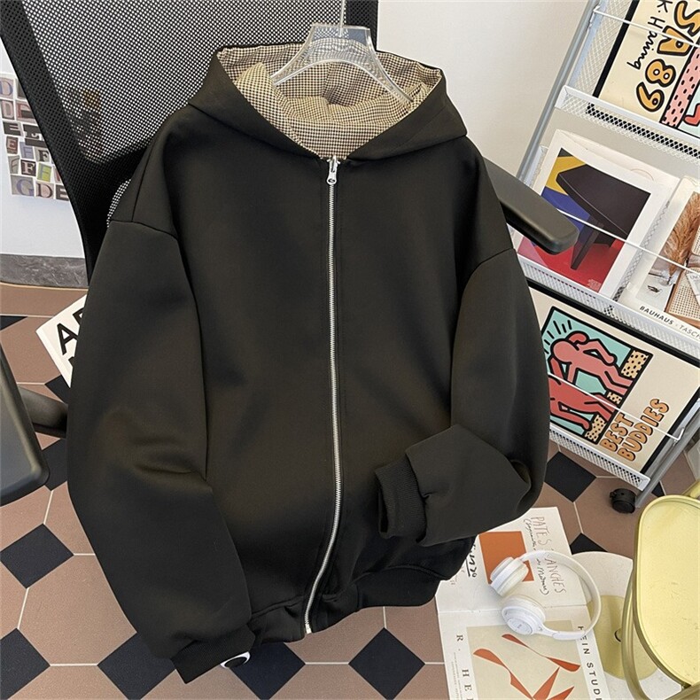 复古千鸟格双面穿格子拉链开衫卫衣cleanfit外套,女装短外套,星座506A