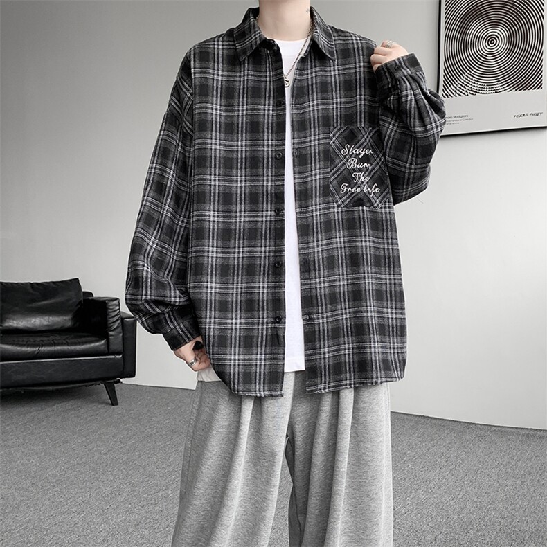 衬衫男秋季新款港风宽松大码刺绣格子衬衣CS121-P35，男装衬衫，星座214-3