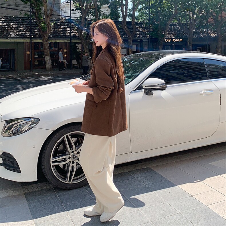 复古蒙德拉灯芯绒咖色西装外套2024春秋女高级感宽松休闲百搭上衣,女装西装,浙宝281