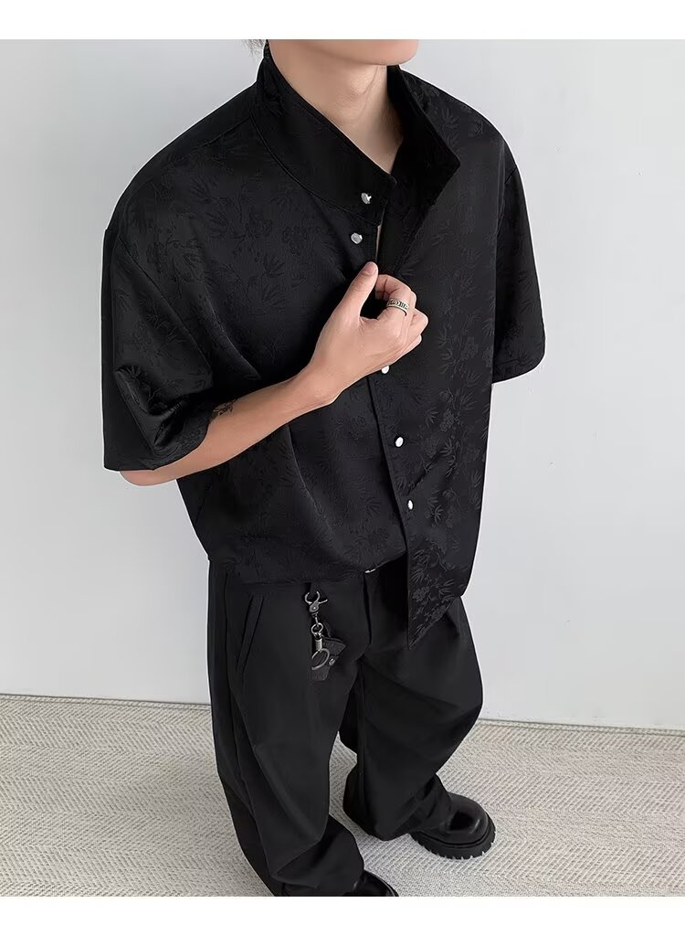 弹力衬衫男短袖韩版修身休闲免烫衬衣男士刺绣帅气黑色寸衫潮,男装T恤,四季星座505