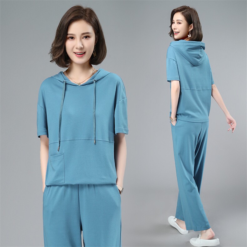 运动服休闲套装新款中年妈妈减龄棉短袖卫衣两件套，图片