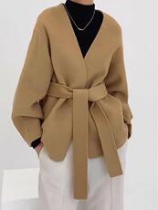 2022新款欧范儿休闲系腰带V领羊毛双面呢大衣，其它，L·H·X