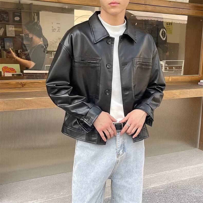 港风春款男皮衣工装大口袋单排扣皮夹克休闲外套J15P65,男装夹克,星座1013-1