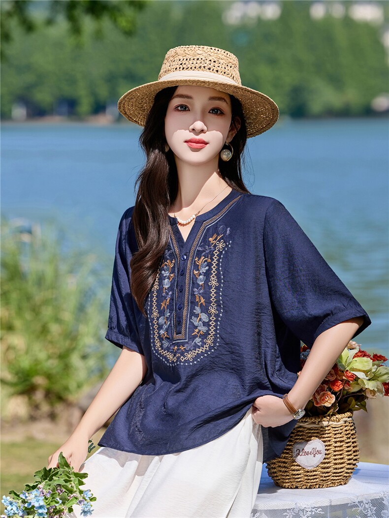 时尚洋气刺绣棉麻套装女2026夏季新款宽松遮肉显瘦阔腿裤两件套,女装套装/套裙,魅影