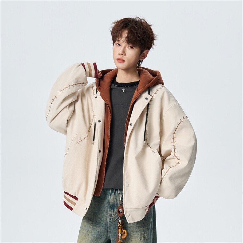 明线刺绣连帽棒球服春季宽松假两件潮流百搭外套XZ309JK8006P95,女装短外套,星座309（原A406）