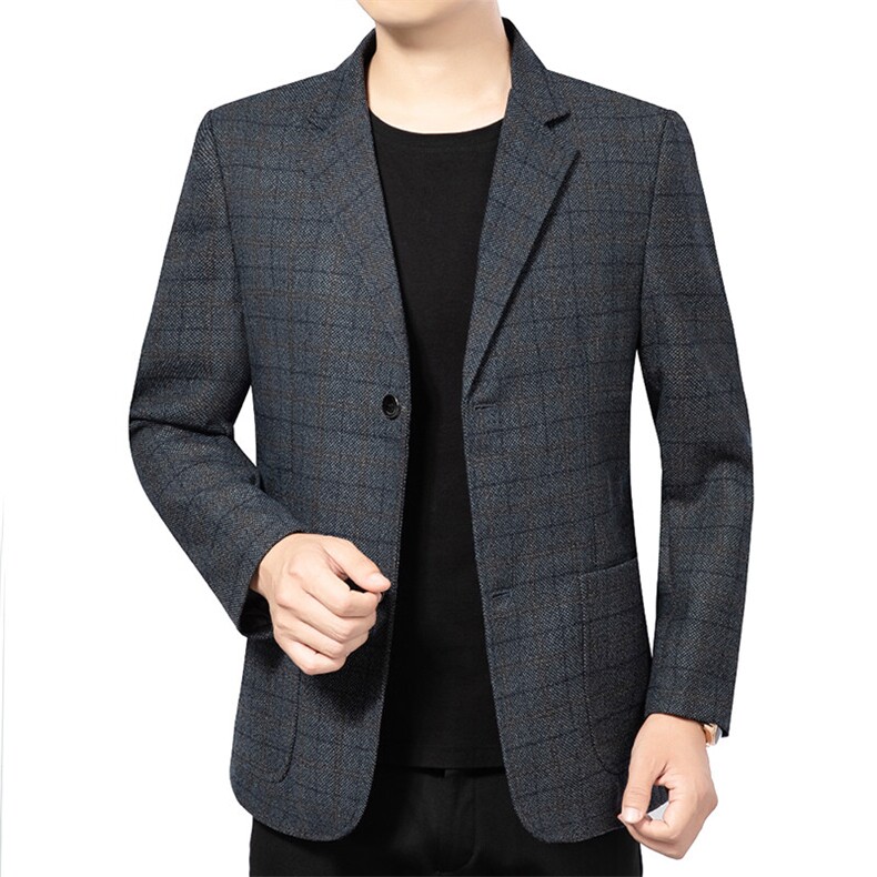 春秋新款中年男士休闲格子西服上衣中老年西装爸爸薄款外套图片
