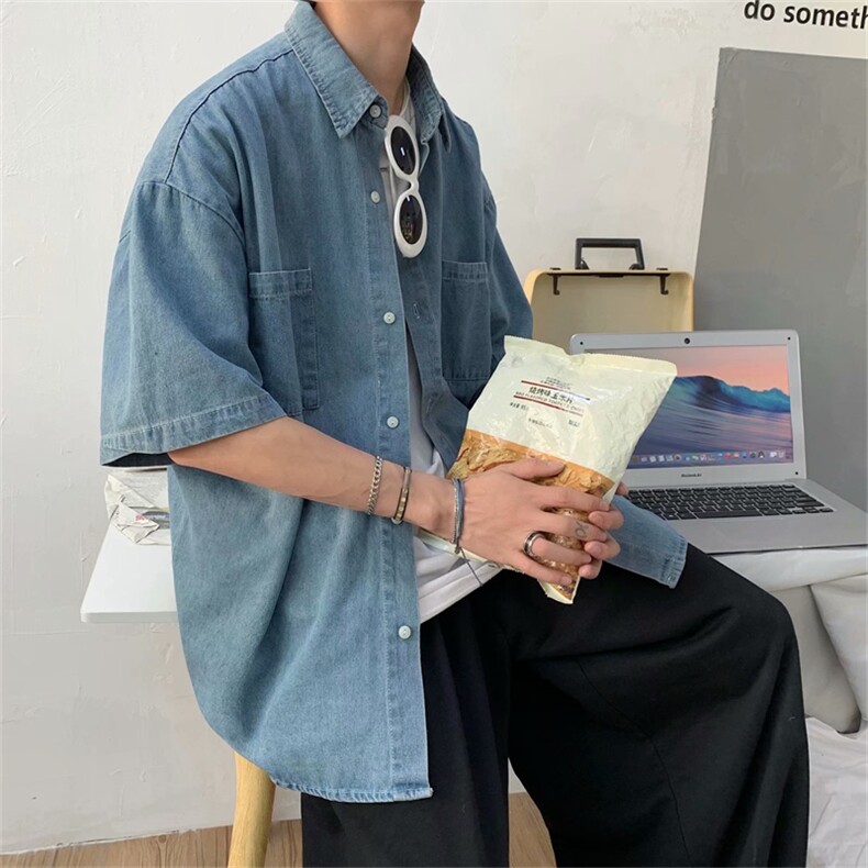 大货数据好基础款夏季港风情侣学院原宿ins风牛仔衬衫男女潮,男装衬衫,星座910A