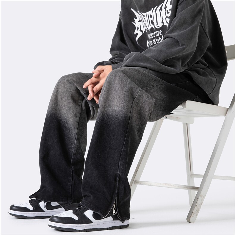 抖音品质拉链开叉渐变牛仔裤宽松直筒水洗休闲裤M-3XLP60控88,男装牛仔裤,电商B219B