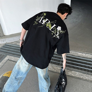 万针全刺绣工艺抖音得物高品质260克重磅纯棉双纱美式高街短袖T恤图片