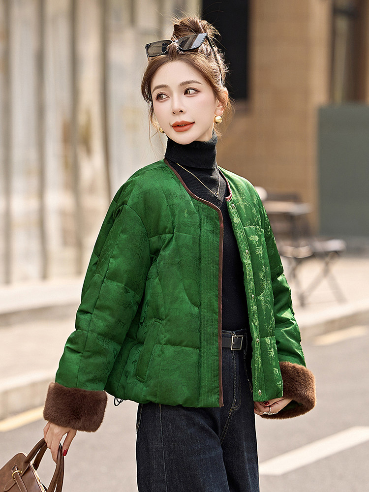 复古提花新中式国风羽绒服女2025冬季新款时尚气质拼接白鸭绒外套,女装羽绒服,依如秀(原杭风阁)