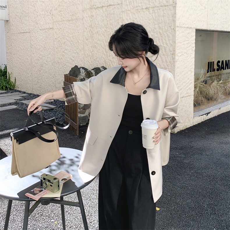 撞色格子拼接风衣外套女2025秋季新款韩系设计感气质百搭显瘦大衣,女装风衣,2C092