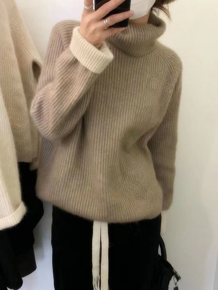 秋季新款舒适显瘦时尚百搭纯毛元宝针反袖羊毛衫,女装羊毛衫,恒恩羊绒