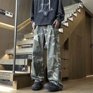 美式迷彩工装裤高街牛仔裤宽松直筒vibe微喇叭裤504-K855-P65控89图片