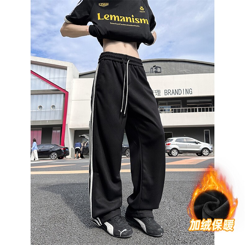 体育生条纹裤子男秋冬季加绒加厚宽松直筒美式hiphop休闲运动卫裤,男装休闲裤,电商A178