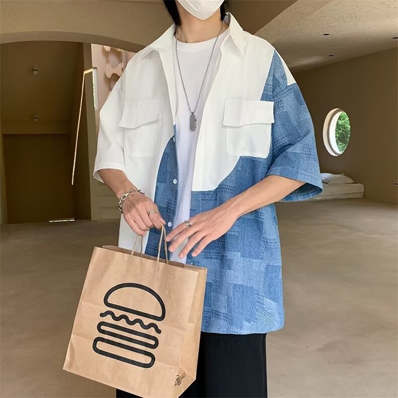 男五分袖新款原宿夏季时尚标准潮流青春流行方领潮衬衫纯色气质,男装衬衫,星座601-2