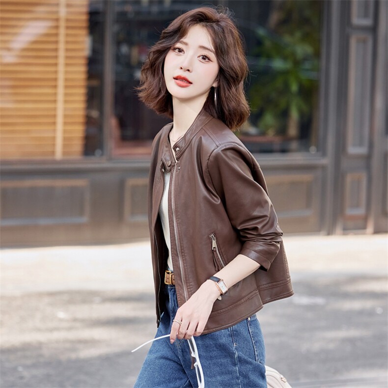 海宁真皮皮衣女短款2025秋新款洋气时尚立领高端绵羊皮皮夹克外套,女装皮衣,简古
