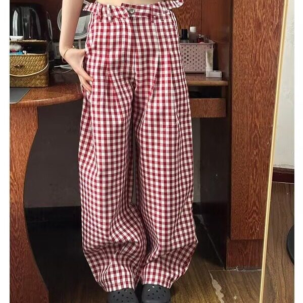 美式红色格子休闲裤女2025新款夏季薄款宽松直筒阔腿显瘦拖地裤子,男装休闲裤,星座506A