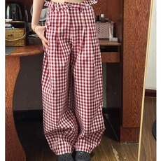 美式红色格子休闲裤女2025新款夏季薄款宽松直筒阔腿显瘦拖地裤子，男装休闲裤，星座506A