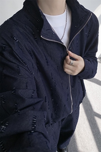 春秋男士韩系设计款牛仔割洞提花重工水洗长袖外套上衣P78图片