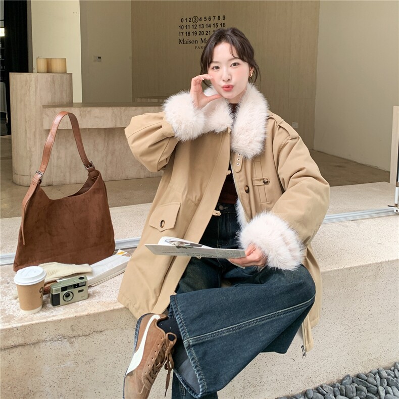 现货：冬季新款毛绒拼接休闲保暖中长款派克服2C135-8957P285K428,女装派克服,2C135