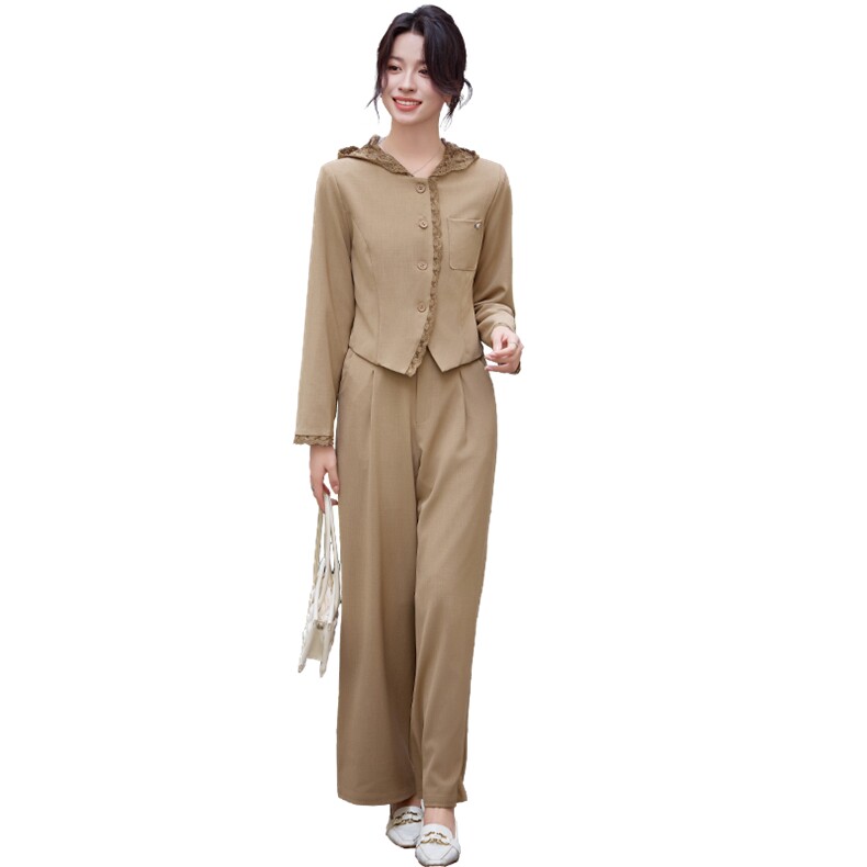 现货！！！！！！！小香风蕾丝边西装阔腿裤两件套,女装套装/套裙,素月