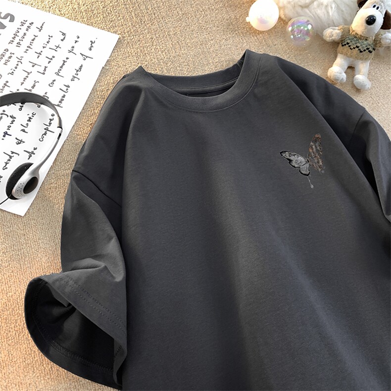 已做版权新中式潮书法蝴蝶纯棉短袖设计感宽松t恤上衣T13-P25,男装T恤,星座205-5