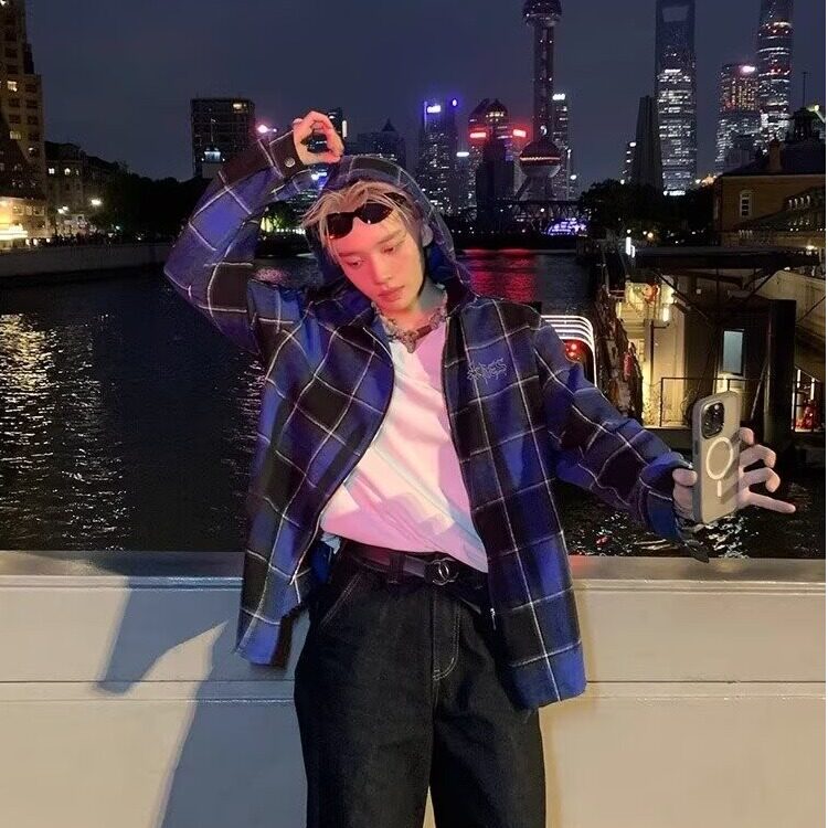 C300-P53男女同款设计感连帽格子衬衫春秋做旧衬衣宽松小众,男装衬衫,电商B323A