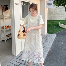 韩系蕾丝镂空吊带连衣裙叠穿T恤裙慵懒两件套2025夏日绝美小裙子，女装套装/套裙，2C053