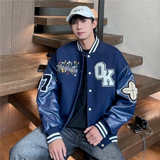 JK5872-P85美式拼接刺绣PU皮撞色棒球服飞行员夹克外套控149，男装夹克，星座109