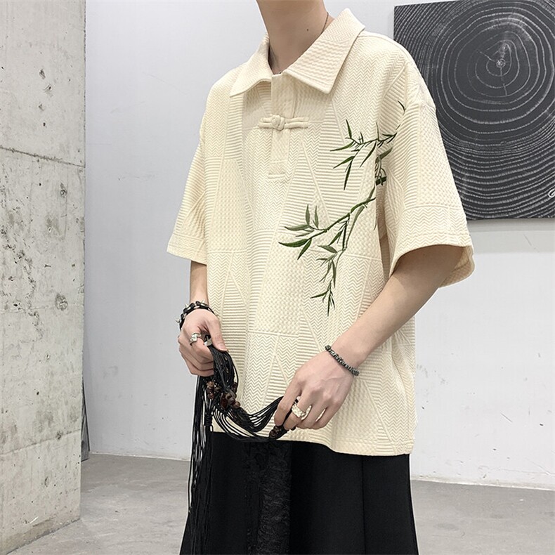 春季重磅风新中式竹子刺绣盘扣短袖POLO衫宽松休闲男女T恤,男装Polo衫,星座909