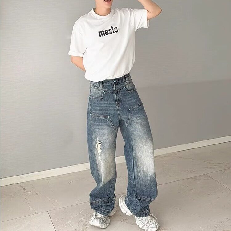 潮牌复古水洗破洞宽松直筒牛仔裤潮流阔腿拖地裤男女同款C1160,男装牛仔裤,星座208-5