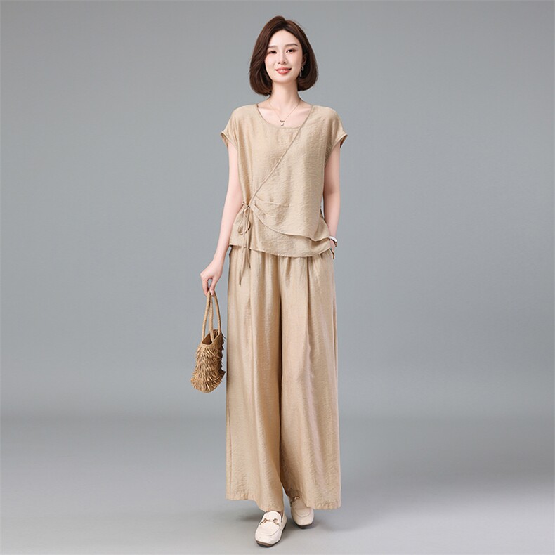 天丝亚麻套装女夏季新款中年妈妈宽松遮肚子洋气减龄阔腿裤两件套,女装套装/套裙,深水步
