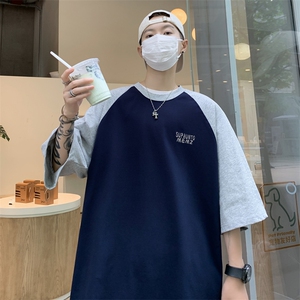 C277-P26 夏季潮流宽松拼接短袖日系少年感插肩袖t恤打底衫男图片