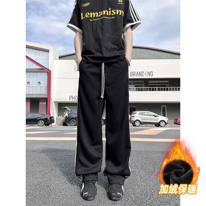 体育生条纹裤子男秋冬季加绒加厚宽松直筒美式hiphop休闲运动卫裤,男装休闲裤,电商A178