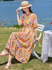 2026夏装新款简约时尚休闲气质印花连衣裙，女装连衣裙，魅丽静蓝