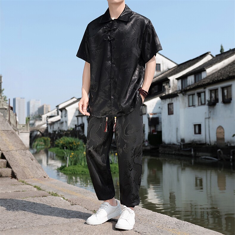 夏季冰丝风男士套装龙纹提花衬衫两件套A266-1-TZ250185-P70，男装衬衫，电商A266-1
