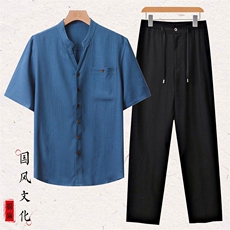 主推！棉麻套装2024新款夏季风亚麻短袖T恤休闲长裤套装，男装T恤，钱塘6003（原4033）