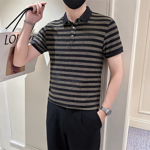 店主风社会小伙男士高级感条纹亮面翻领POLO衫301A-1/PL118/P53