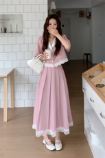 粉色温柔系穿搭蕾丝拼接上衣套装女夏新款显瘦气质半身裙两件套，女装套装/套裙，2C323