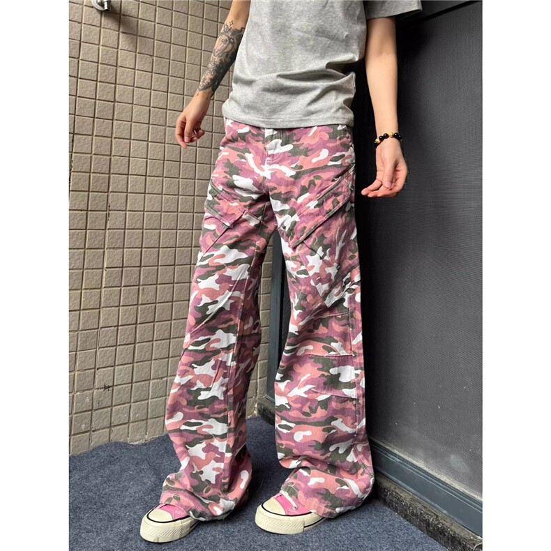 2025新款潮流街头做旧迷彩粉小众大口袋直筒工装裤长裤AA136-P59，男装工装外套，星座208-5
