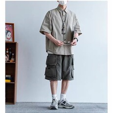 潮牌日系简约纯色短袖衬衫夏男女复古街头中性休闲百搭五分袖衬衣，男装T恤，星座1210-1