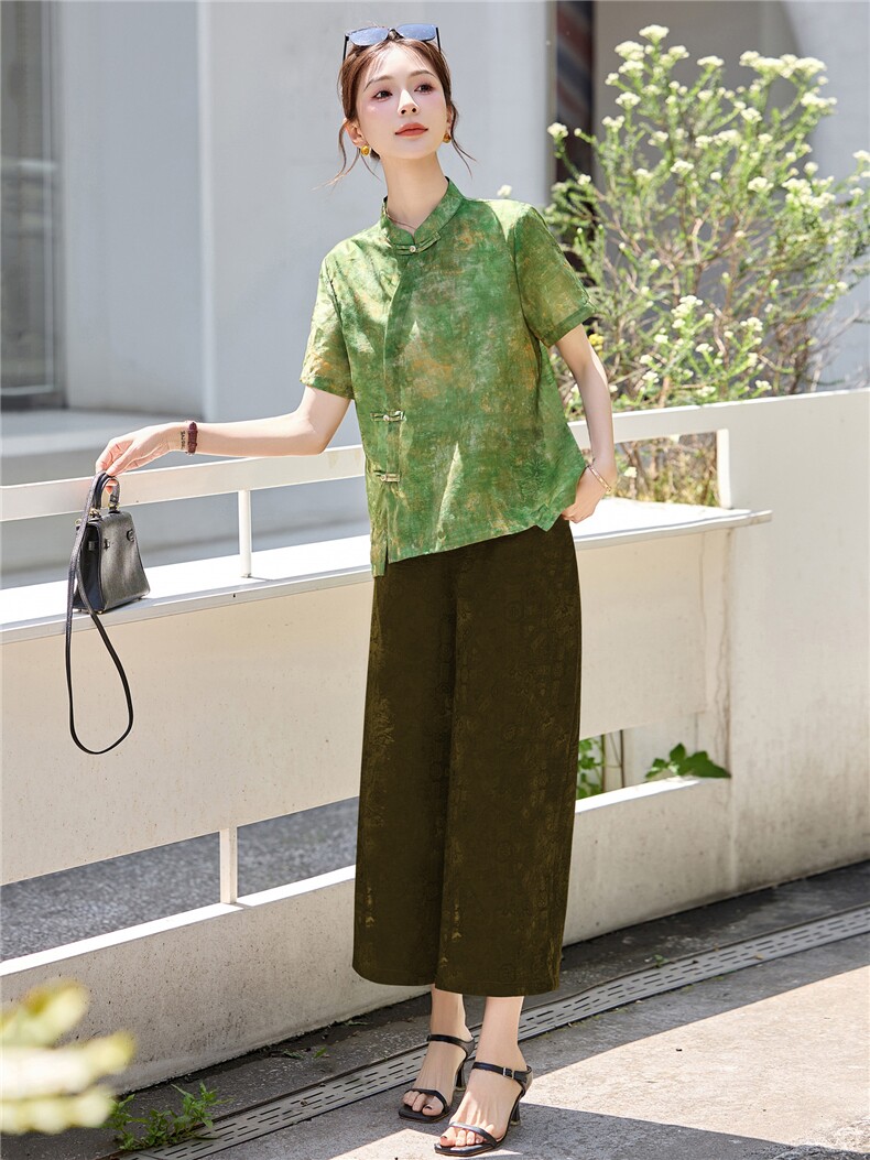 长期有货2026夏装新款时尚两件套装女提花新中式衬衫T阔腿腿裤女,女装套装/套裙,璐依舞