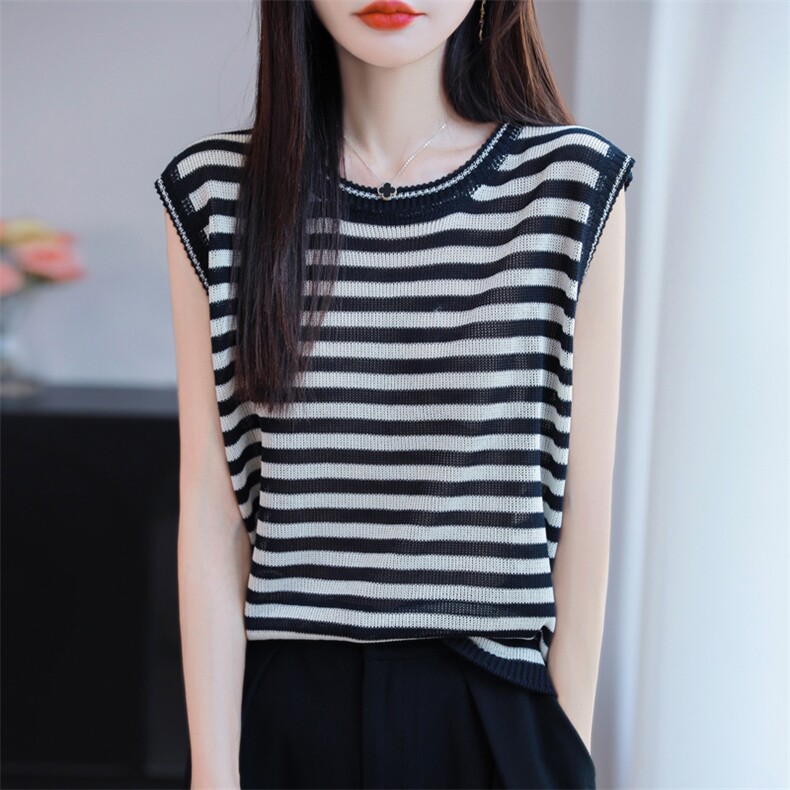 欧货高级感条纹圆领冰丝针织无袖背心女早秋修身显瘦外穿时尚上衣，女装T恤，源达羊绒
