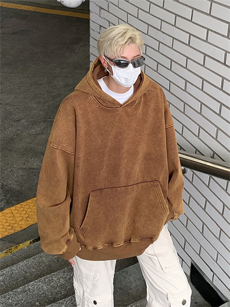得物抖音高品质二开380克重磅做旧炒雪花纯色连帽水洗卫衣CM16,男装卫衣,电商A486