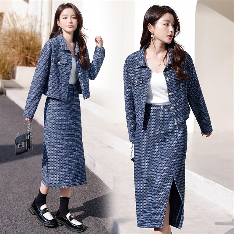 2023春装新品格子牛仔两件套韩版气质，女装套装/套裙，钱塘布衣