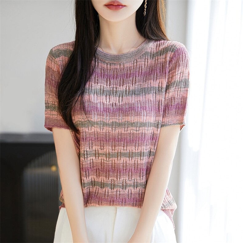 撞色条纹精纺羊毛短袖女2025新款春夏圆领显瘦镂空撞色,女装T恤,暖烁特种纱工厂店