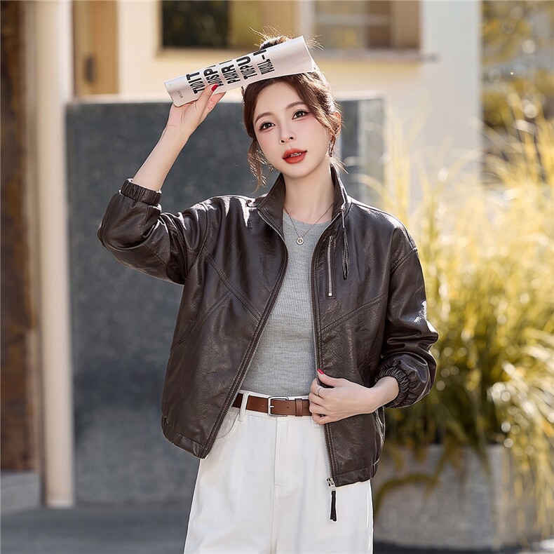 新品现货时尚设计感皮衣外套女短款潮流时尚炸街机车皮夹克,女装皮衣,韩蔻秀